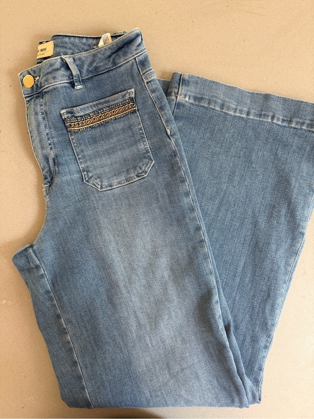 MOS MOSH MMColette Pala Wide Leg Jeans | Size 29 | Light Wash |Gold Chain Detail